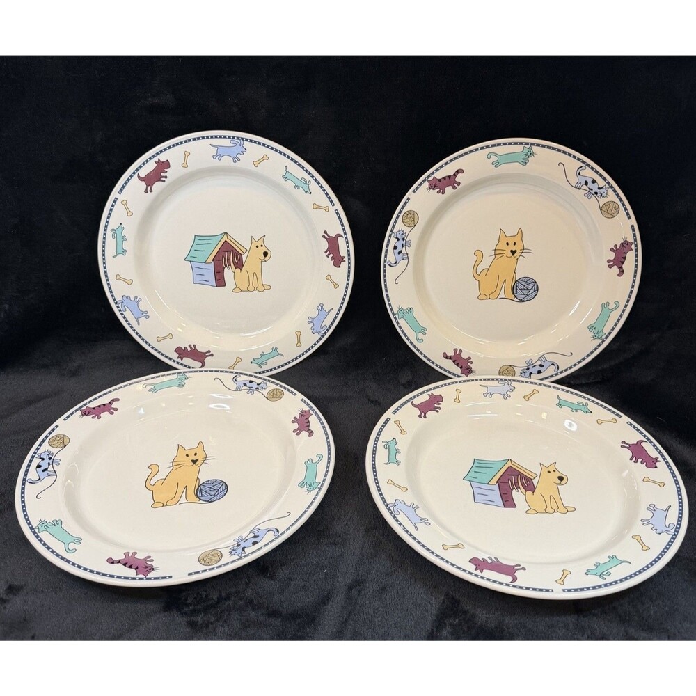Raining Cats Dogs by Citation Dinner Plates 10 1/2” x4 Vintage Discontinued Rare